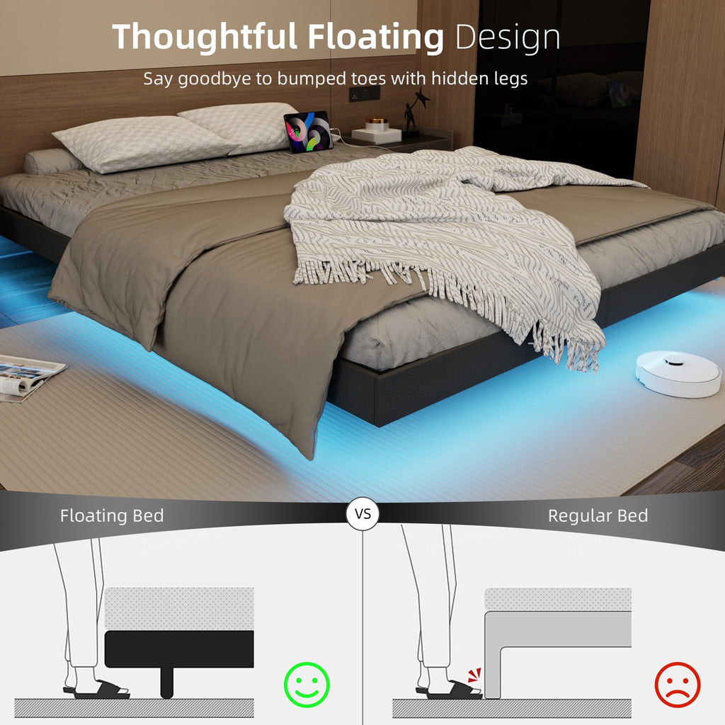 Black Floating Upholstered Platform Bed Frame Full Size with LED Lights and Charging Station Q176526