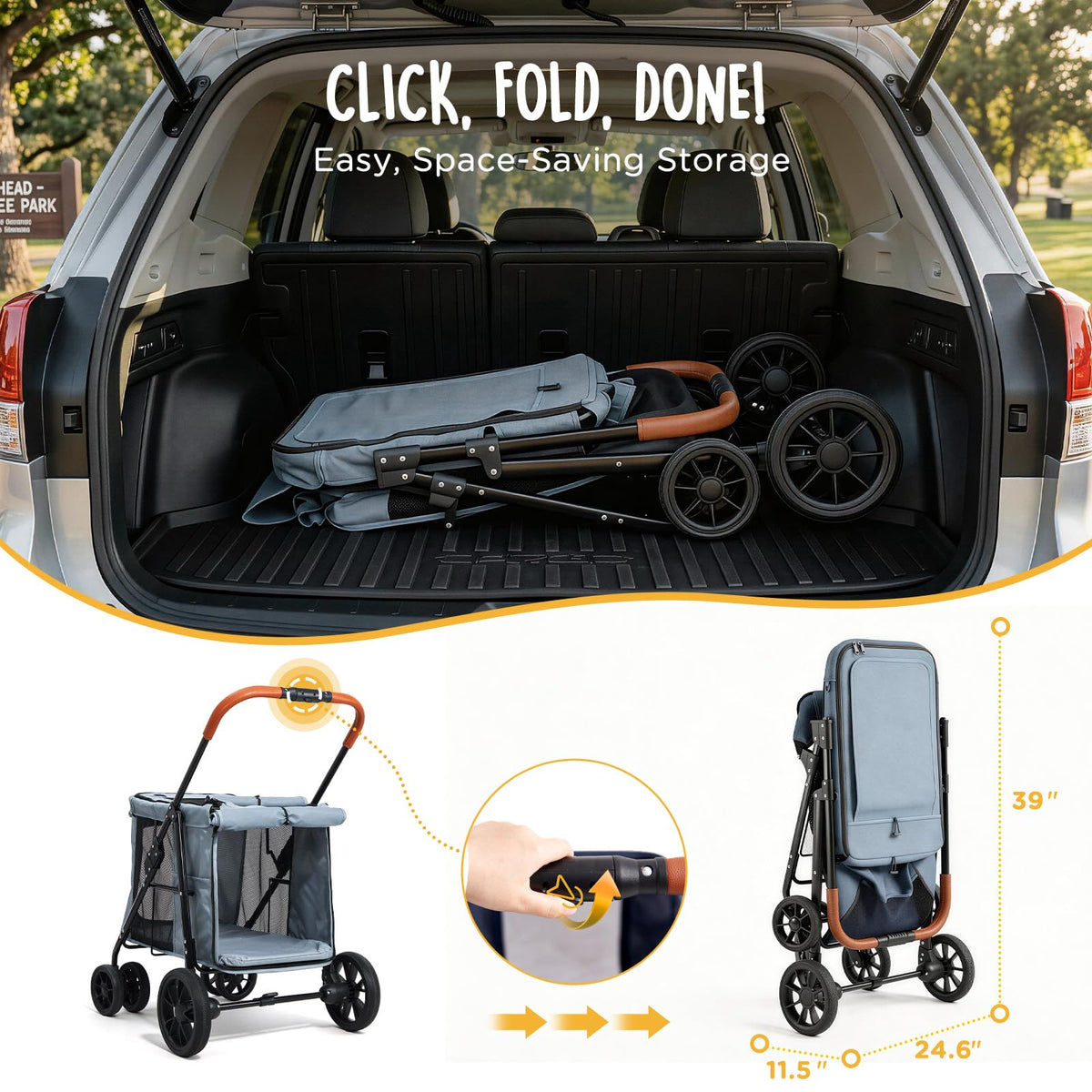 Heavy Duty Foldable Pet Stroller with All-Terrain Wheels, 55 lbs Capacity, Grey I3240
