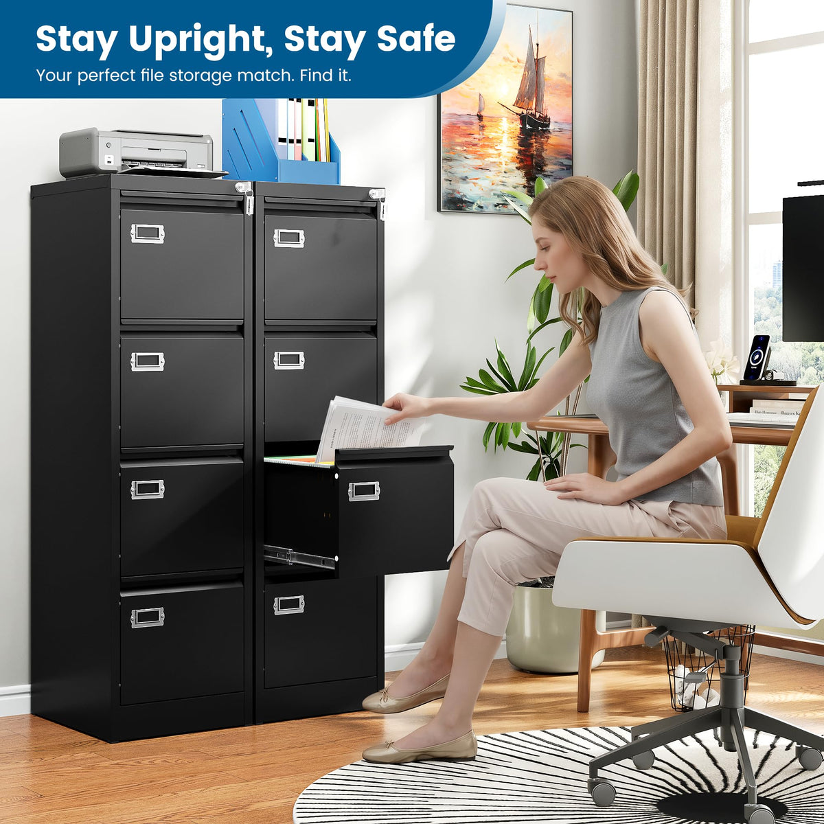 Black 4 Drawer Metal File Cabinet with Lock S591