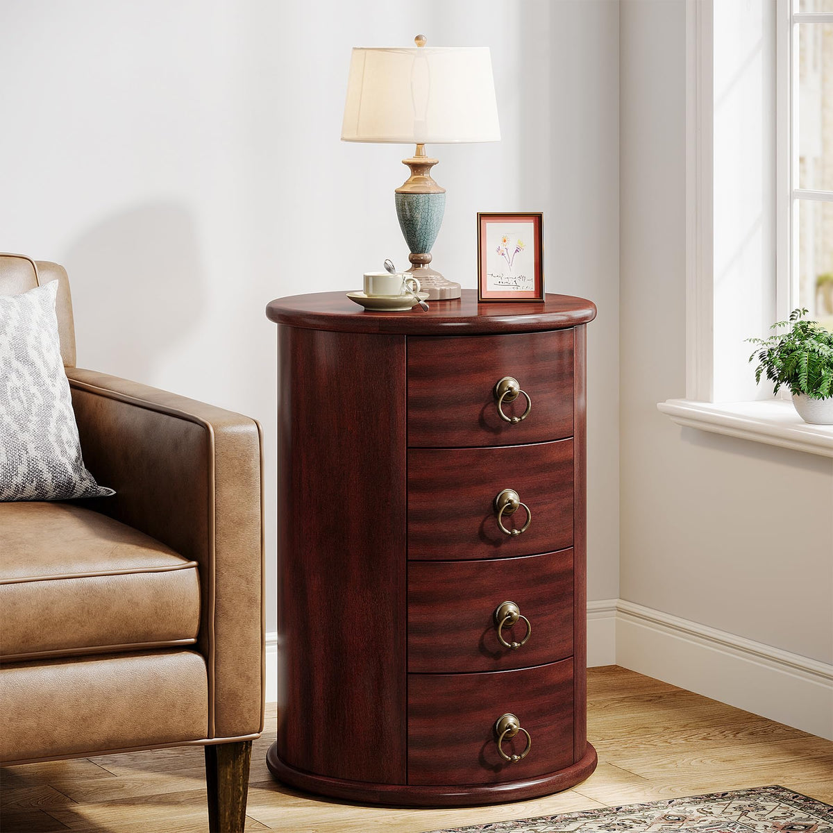 Solid Wood Round End Table with 4 Drawers E6340