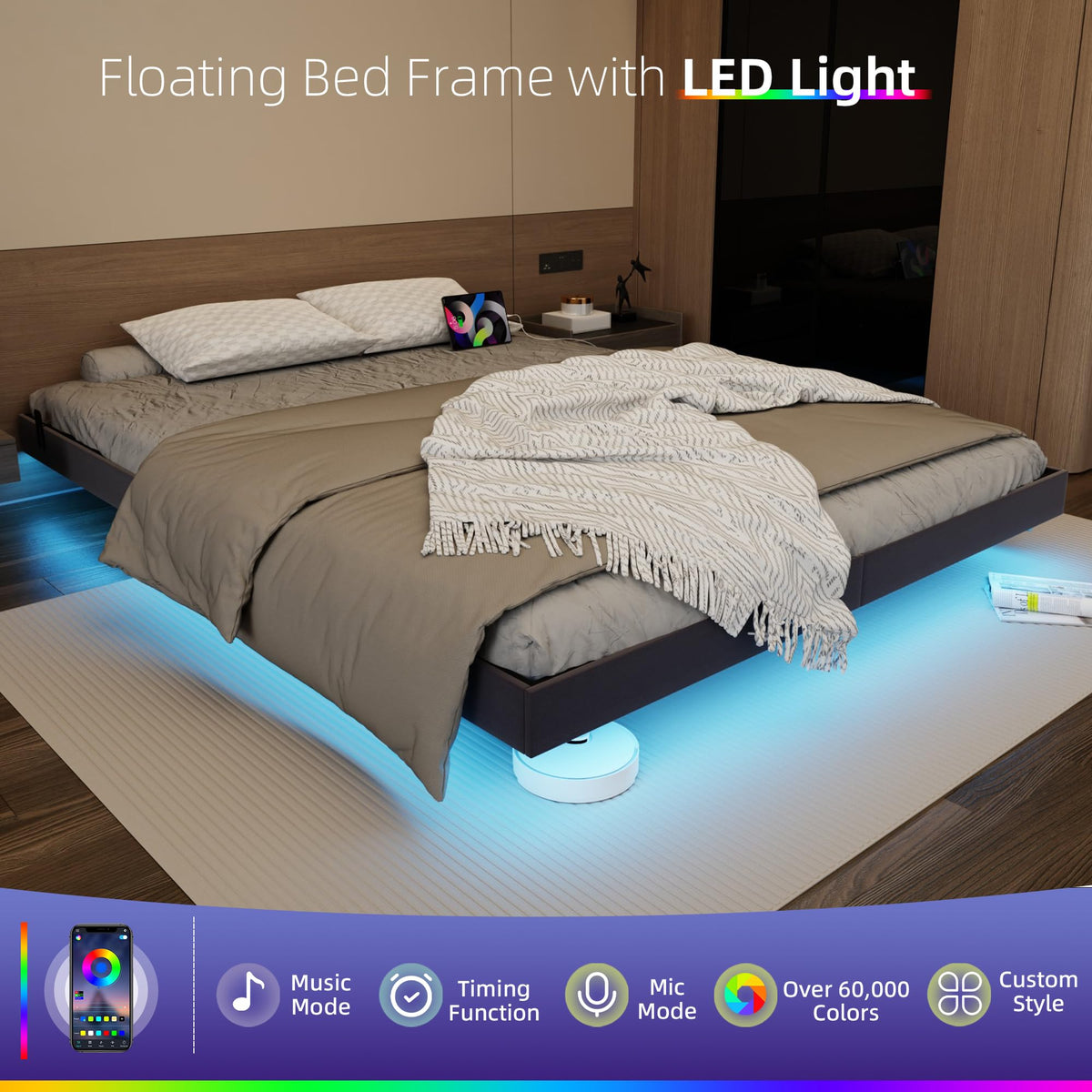 Black Floating Upholstered Platform Bed Frame Full Size with LED Lights and Charging Station Q176526