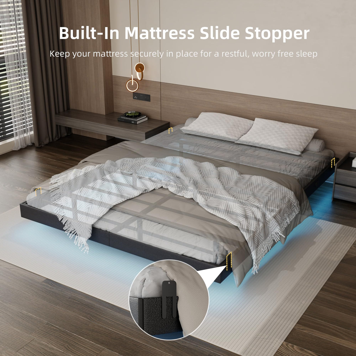 Black Floating Upholstered Platform Bed Frame Full Size with LED Lights and Charging Station Q176526