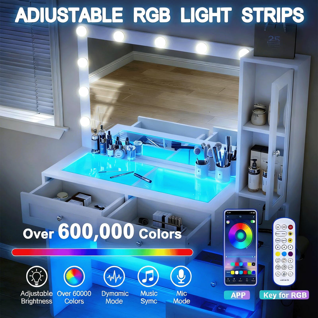 White Vanity Desk with LED Lights Mirror and 5 Storage Drawers O1654