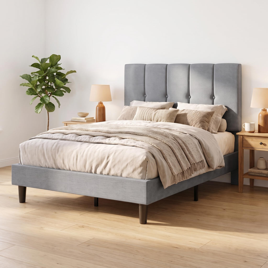 Twin Upholstered Platform Bed Frame with Headboard, Grey N719270