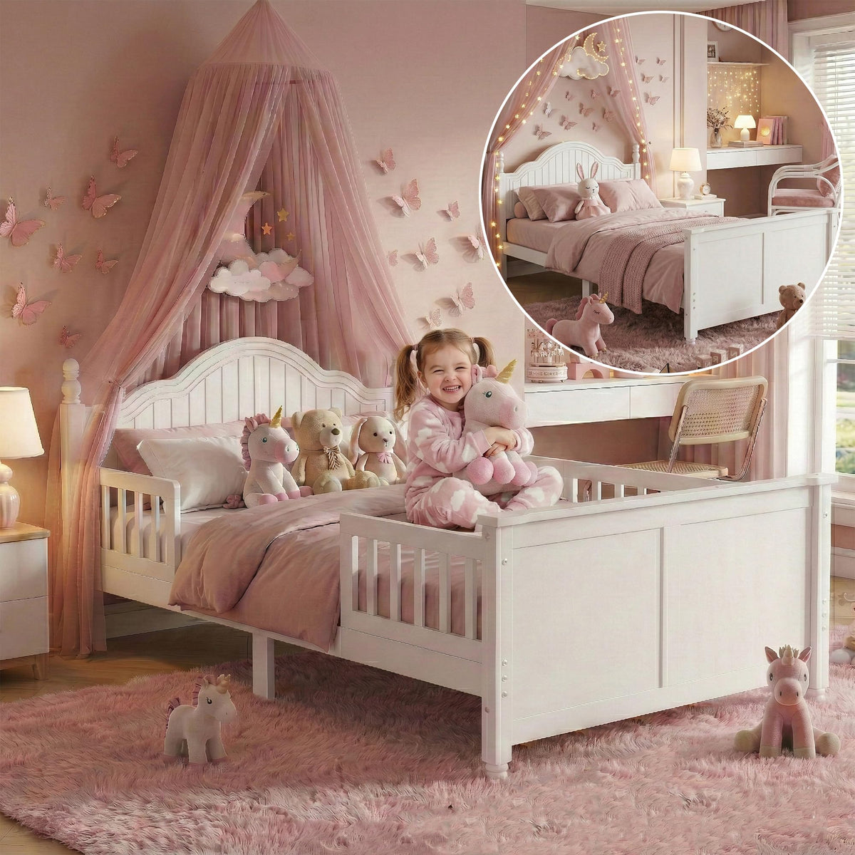 White Twin Bed Frame with Headboard and Rails U466