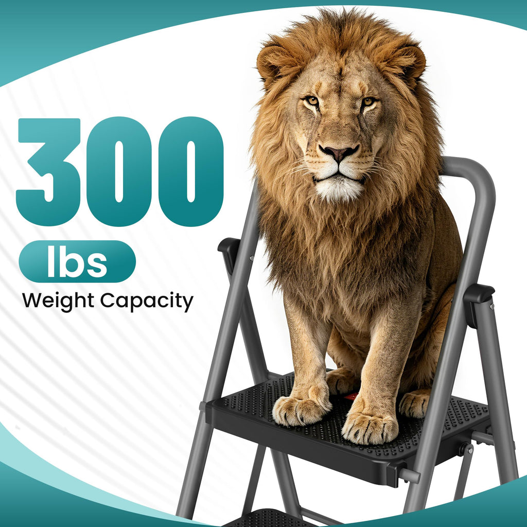 2 Step Folding Step Ladder 300 lbs Capacity with Handrail Gray O771603