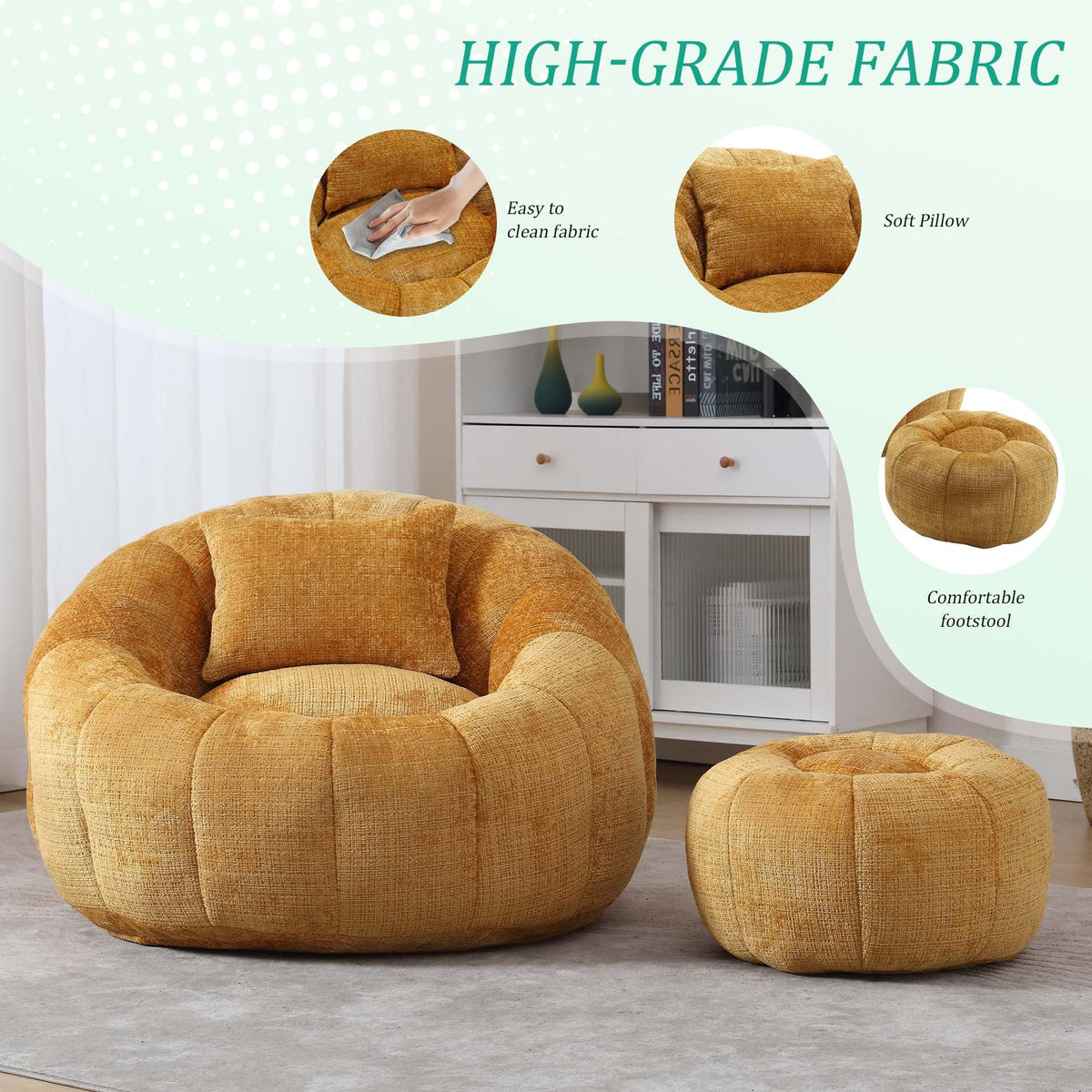 Yellow Memory Foam Bean Bag Chair with Ottoman I974