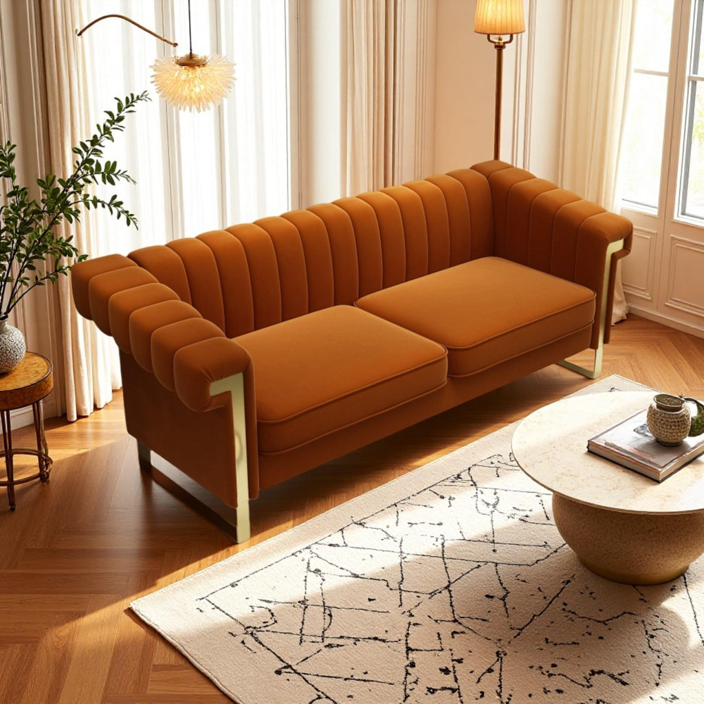 Orange Velvet Channel Tufted Sofa with Gold Metal Legs M734