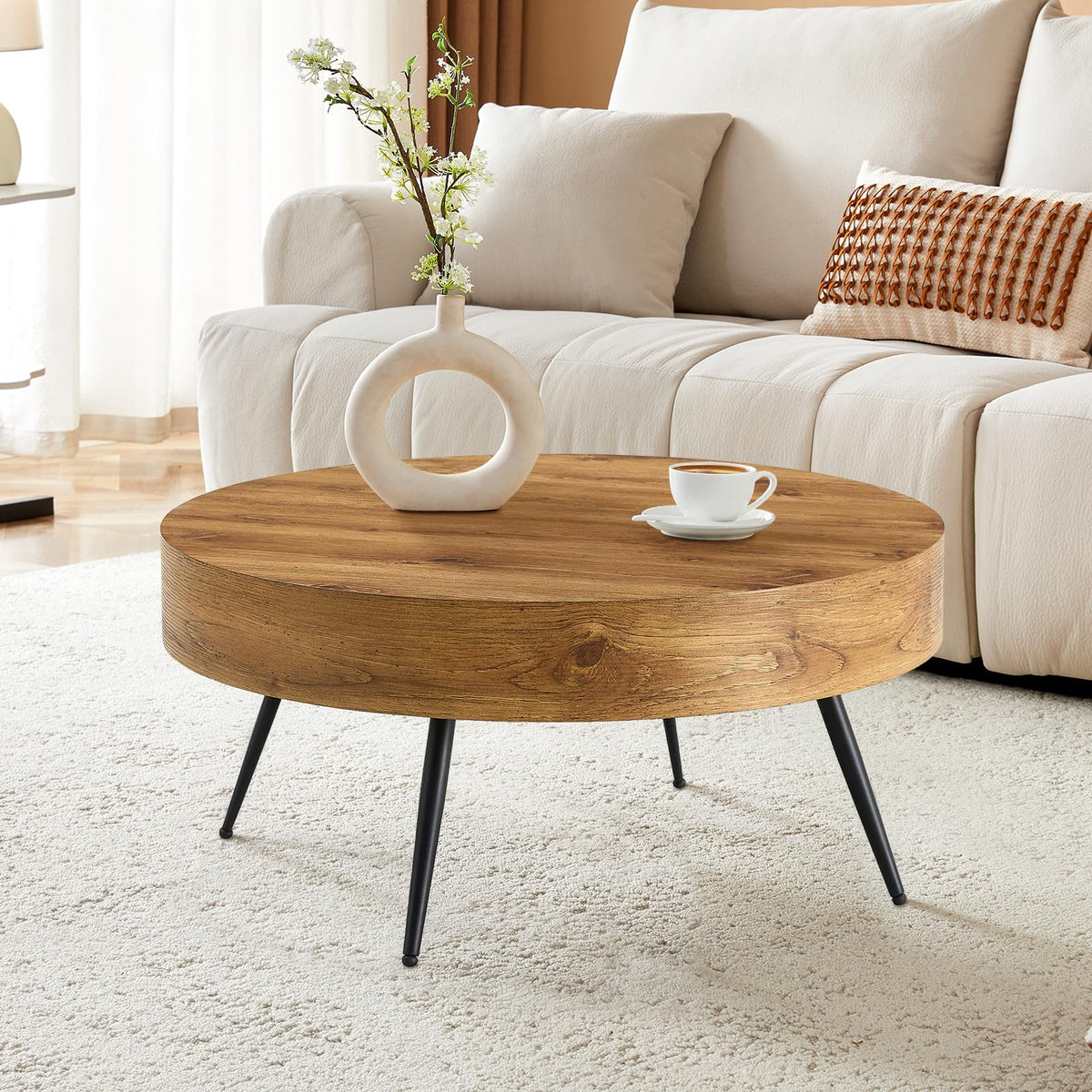 Round Wood Coffee Table with Metal Legs P86231