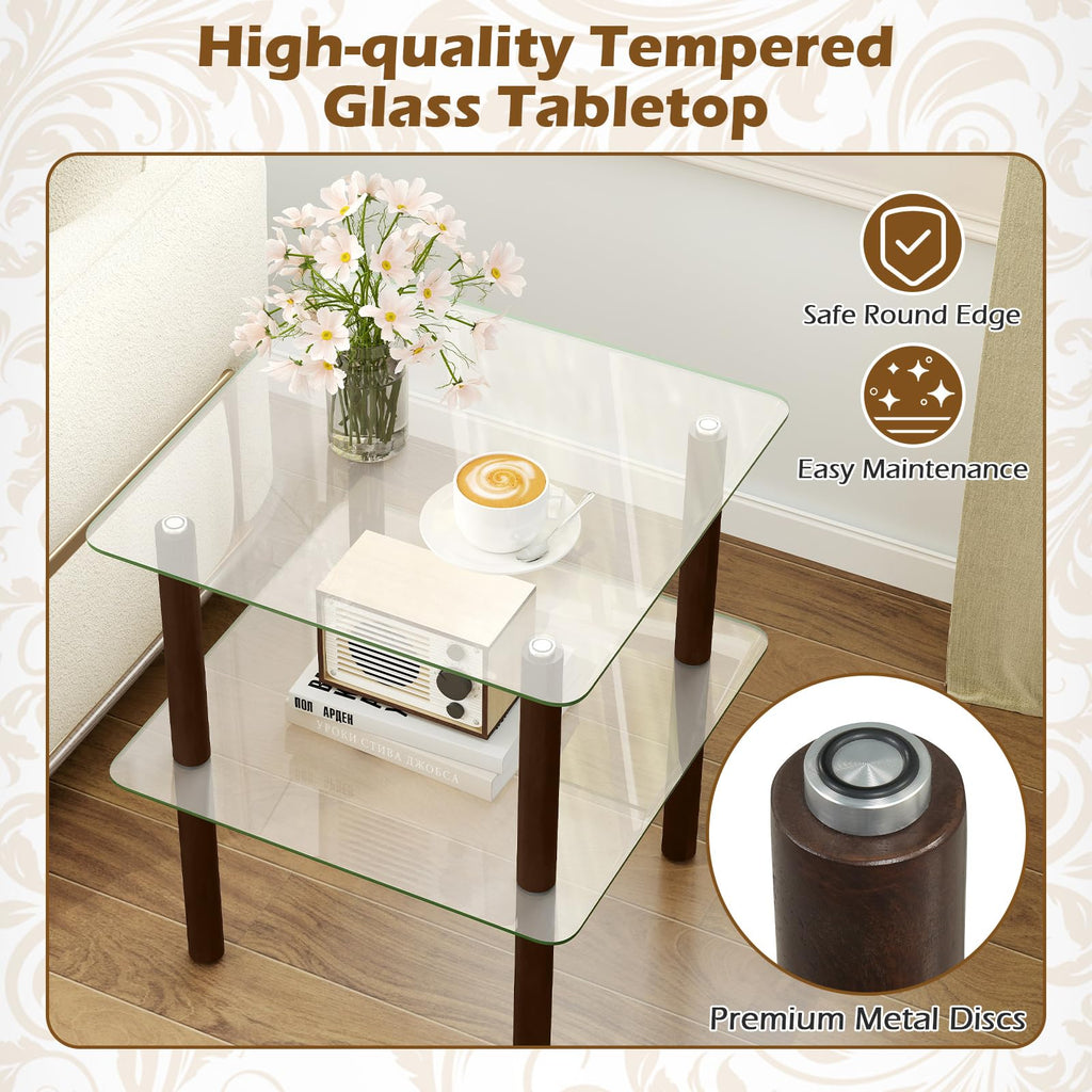 Square End Table Set of 2, 2-Tier Glass Top Sofa Side Table G6015