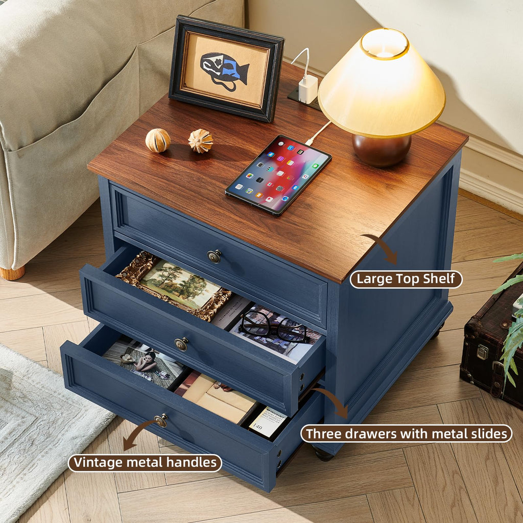 Blue Wood Nightstand Set of 2 with Charging Station W48683