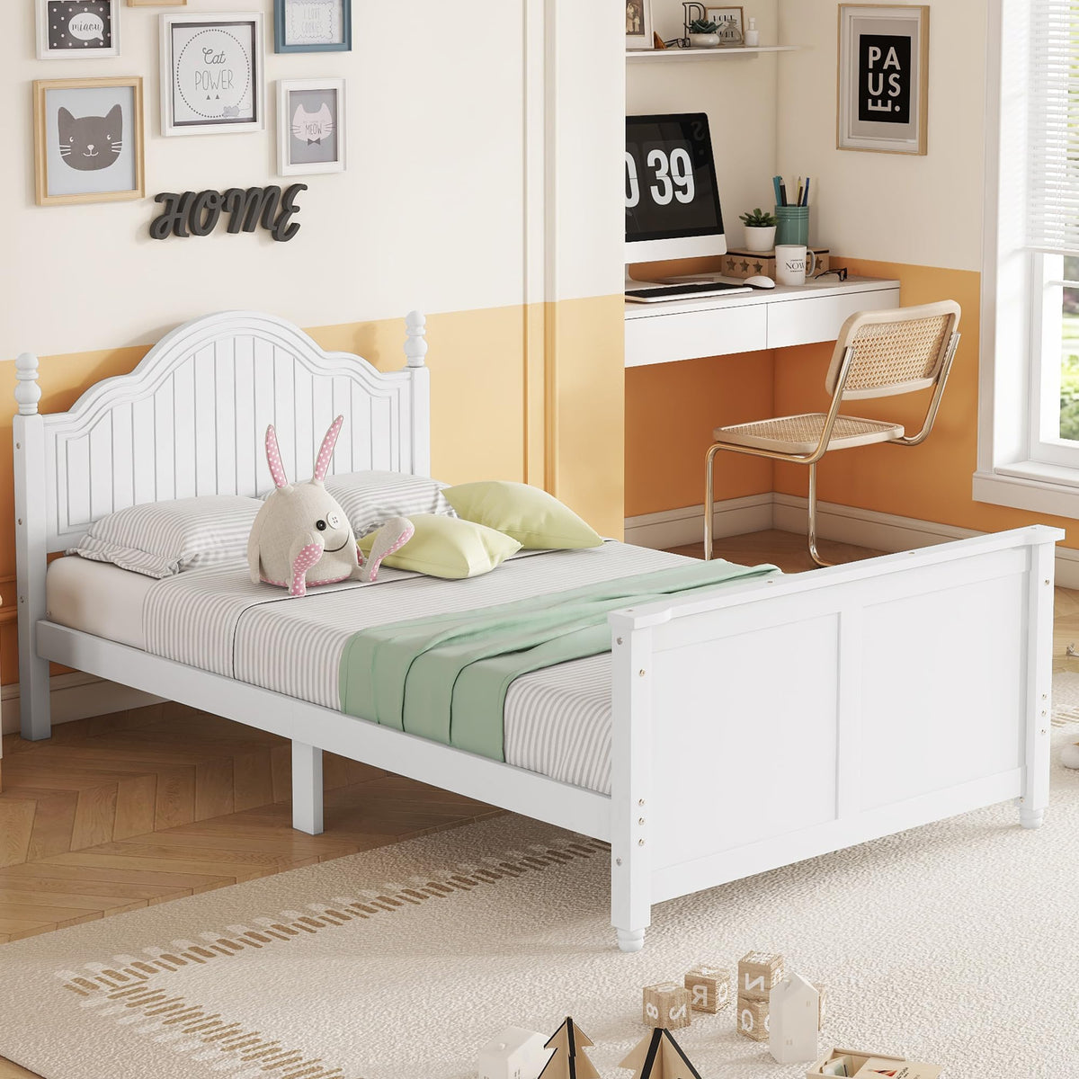 White Twin Bed Frame with Headboard and Rails U466