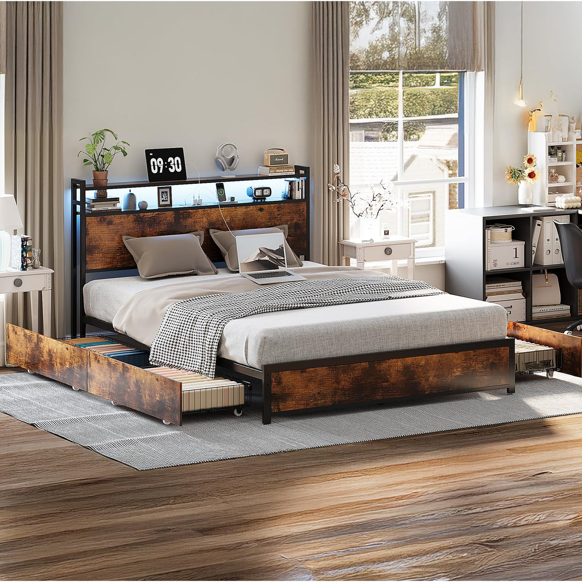 Queen Bed Frame with 4 Storage Drawers and Headboard Q65281