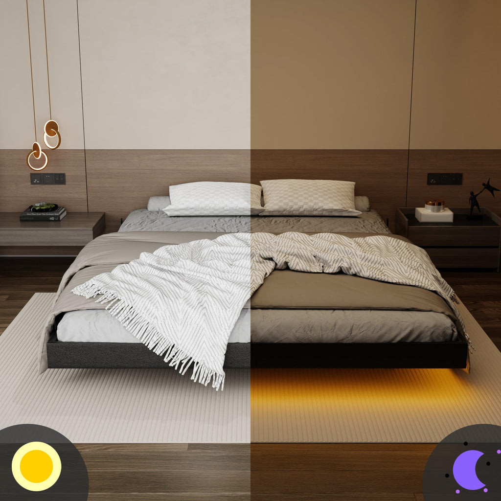 Black Floating Upholstered Platform Bed Frame Full Size with LED Lights and Charging Station Q176526