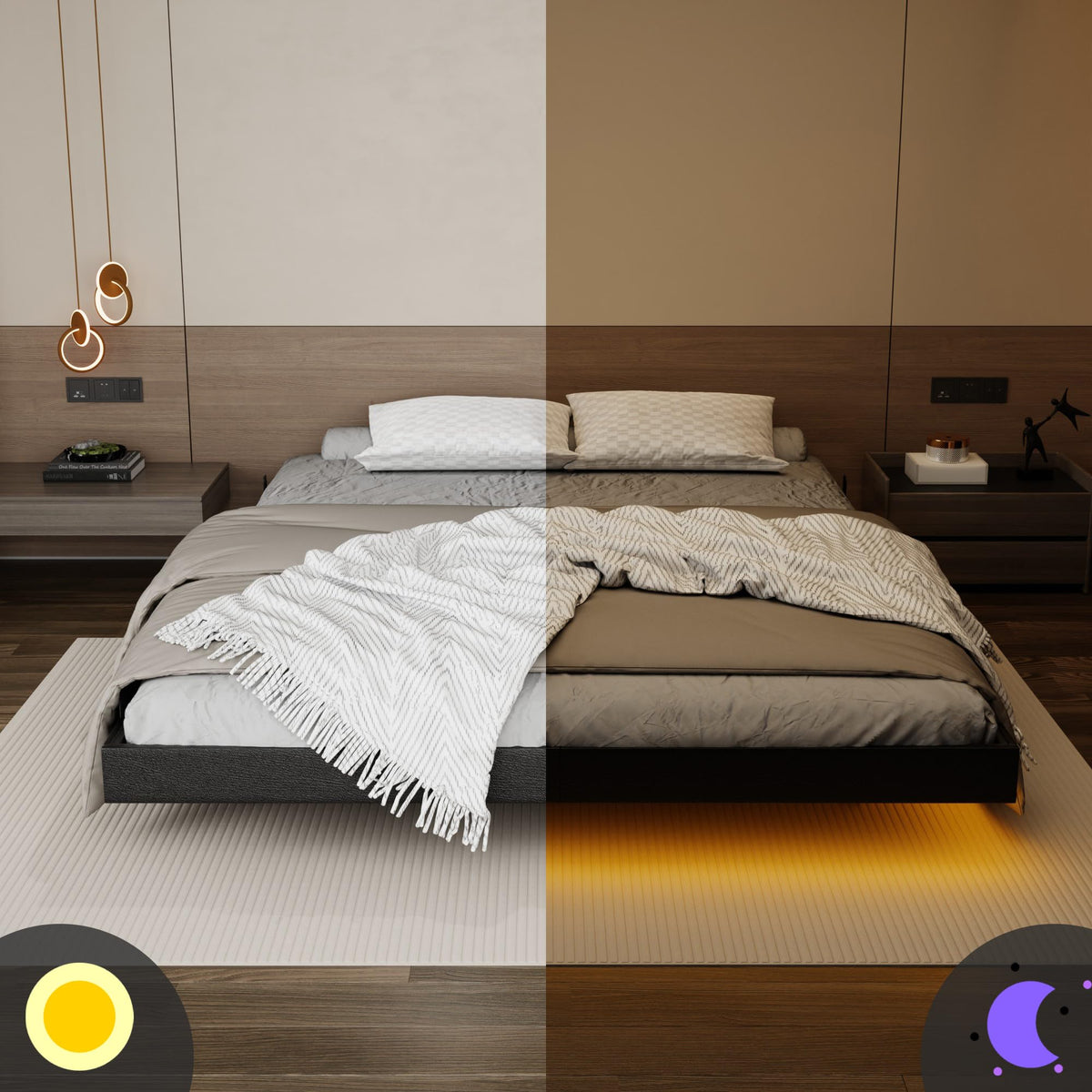 Black Floating Upholstered Platform Bed Frame Full Size with LED Lights and Charging Station Q176526