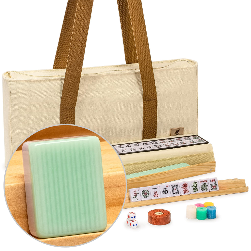 166 Tiles Mahjong Set with Wooden Racks & Pushers, Dice, and Soft Beige Case G963
