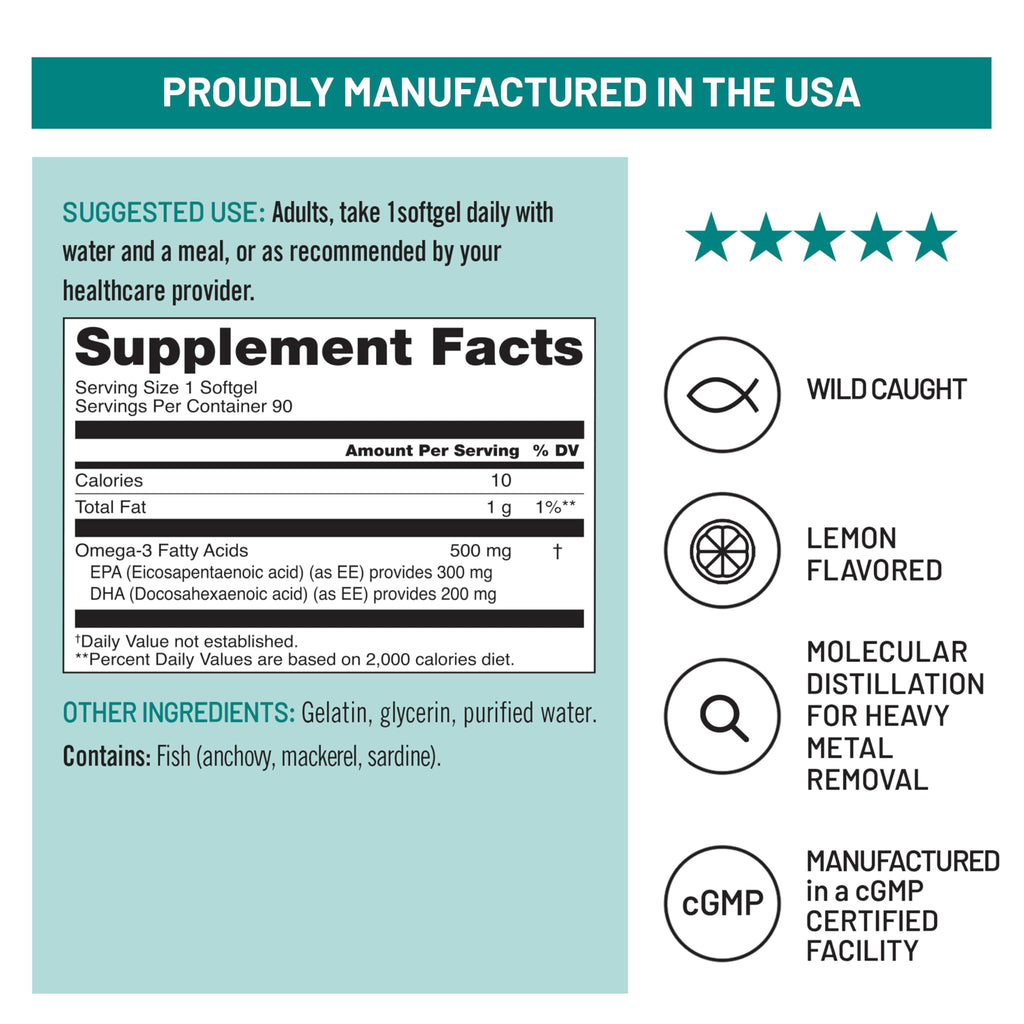 Omega 3 Fish Oil 500 mg EPA & DHA 90 Softgels T4005