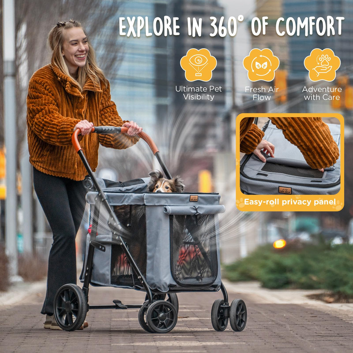 Heavy Duty Foldable Pet Stroller with All-Terrain Wheels, 55 lbs Capacity, Grey I3240