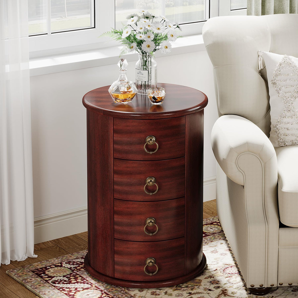 Solid Wood Round End Table with 4 Drawers E6340