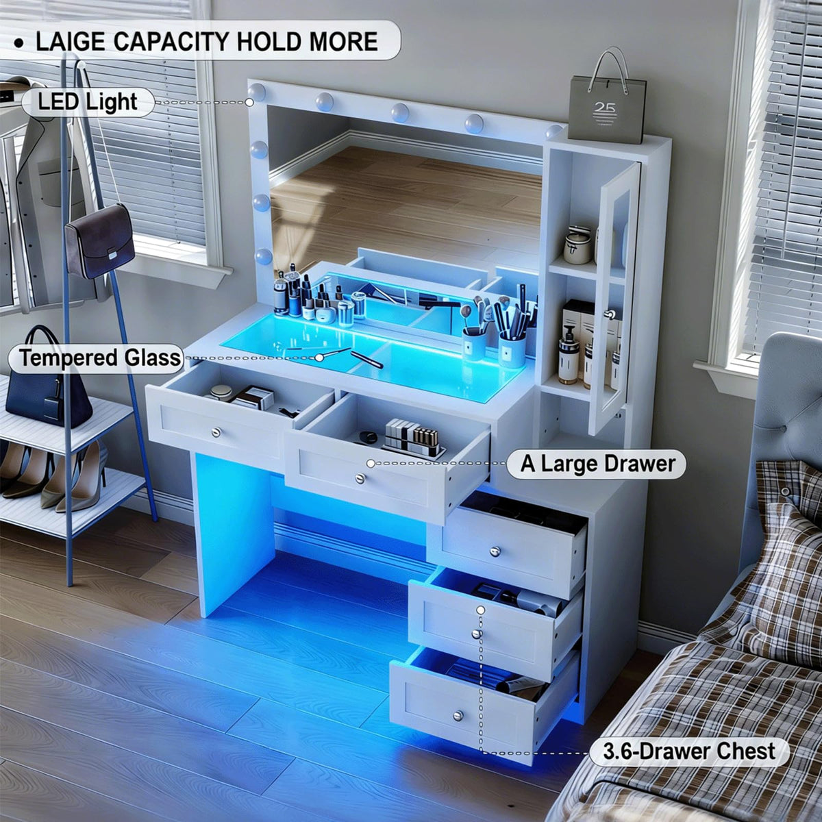 White Vanity Desk with LED Lights Mirror and 5 Storage Drawers O1654