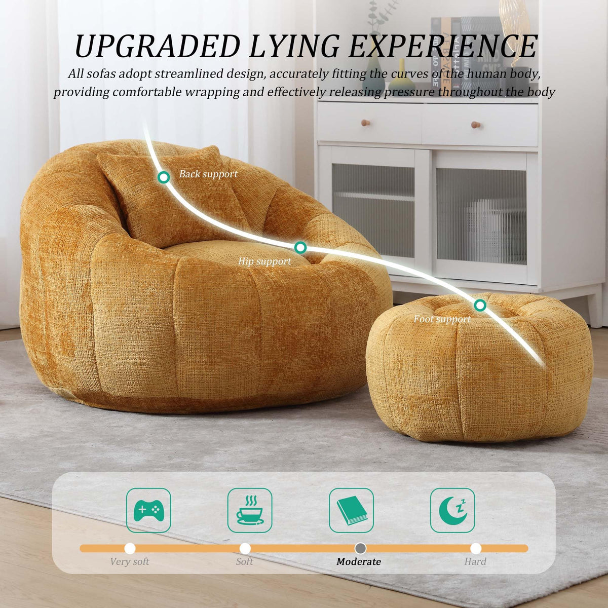 Yellow Memory Foam Bean Bag Chair with Ottoman I974