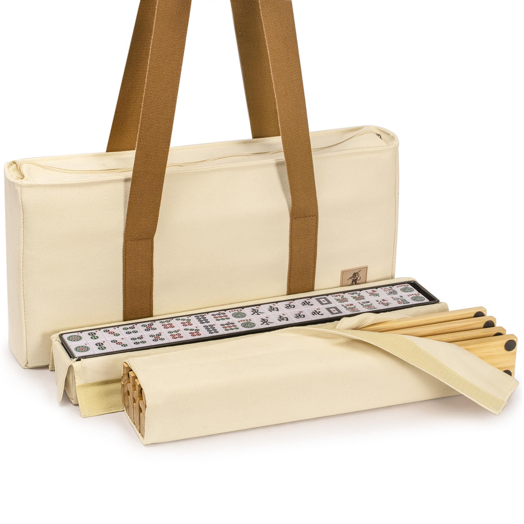 166 Tiles Mahjong Set with Wooden Racks & Pushers, Dice, and Soft Beige Case G963