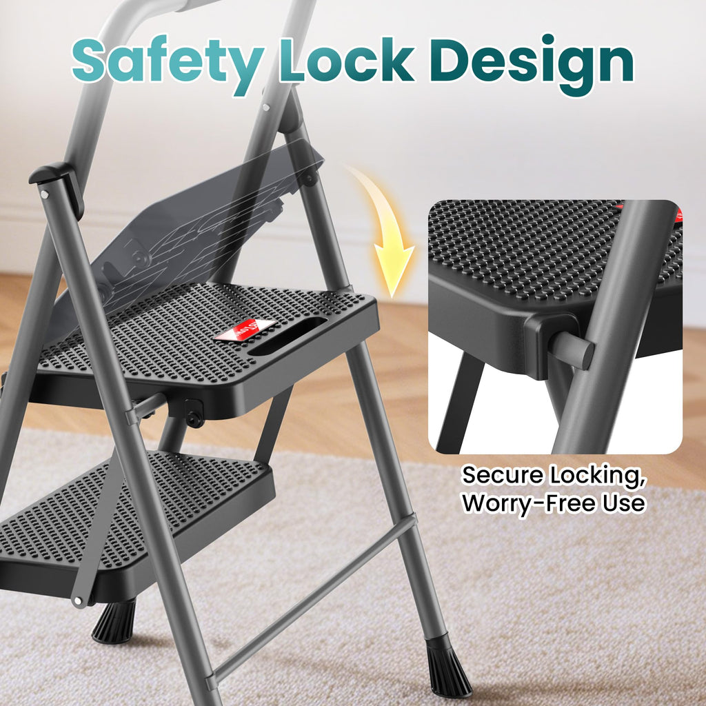 2 Step Folding Step Ladder 300 lbs Capacity with Handrail Gray O771603
