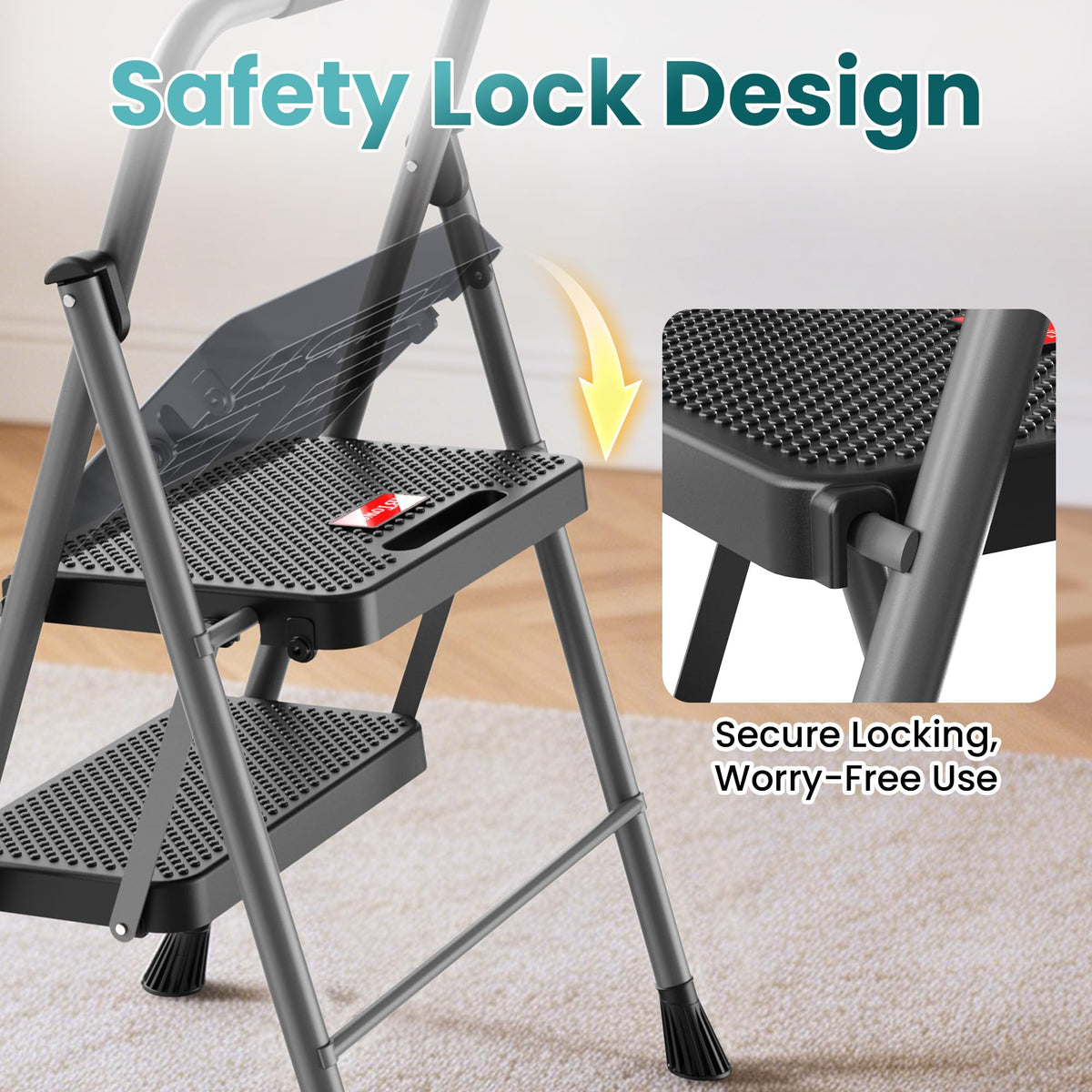 2 Step Folding Step Ladder 300 lbs Capacity with Handrail Gray O771603