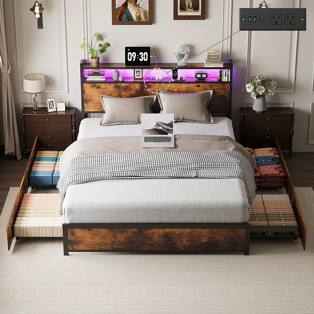 Queen Bed Frame with 4 Storage Drawers and Headboard Q65281