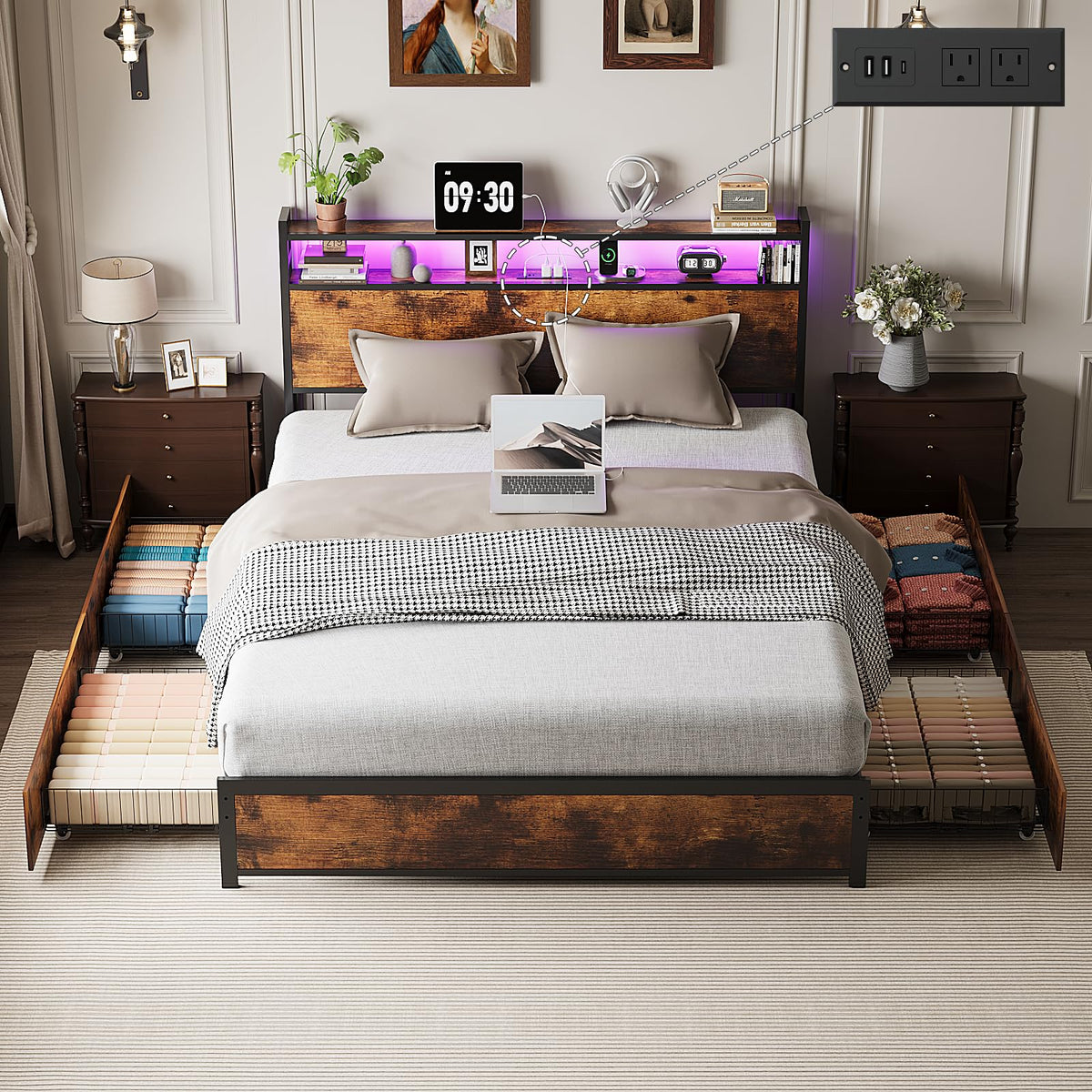 Queen Bed Frame with 4 Storage Drawers and Headboard Q65281