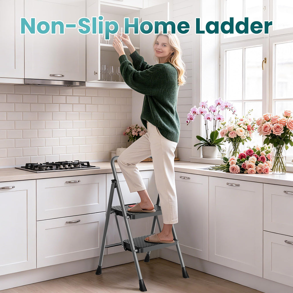 2 Step Folding Step Ladder 300 lbs Capacity with Handrail Gray O771603