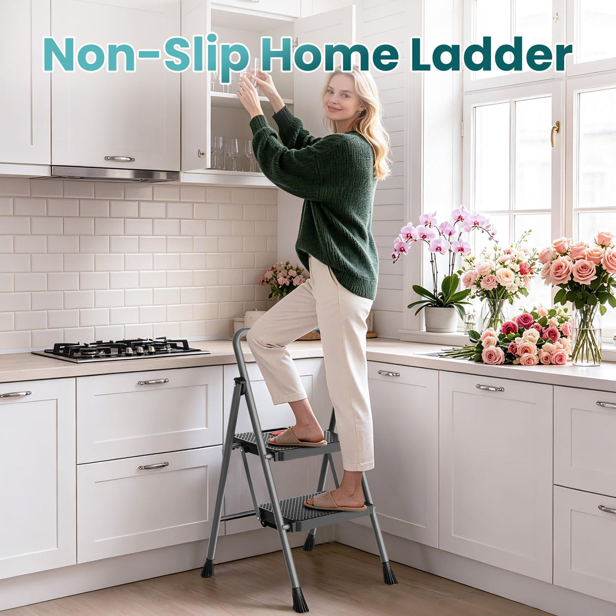 2 Step Folding Step Ladder 300 lbs Capacity with Handrail Gray O771603