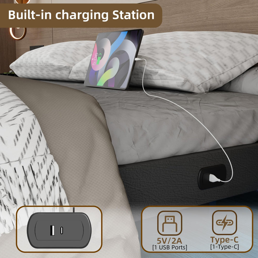 Black Floating Upholstered Platform Bed Frame Full Size with LED Lights and Charging Station Q176526