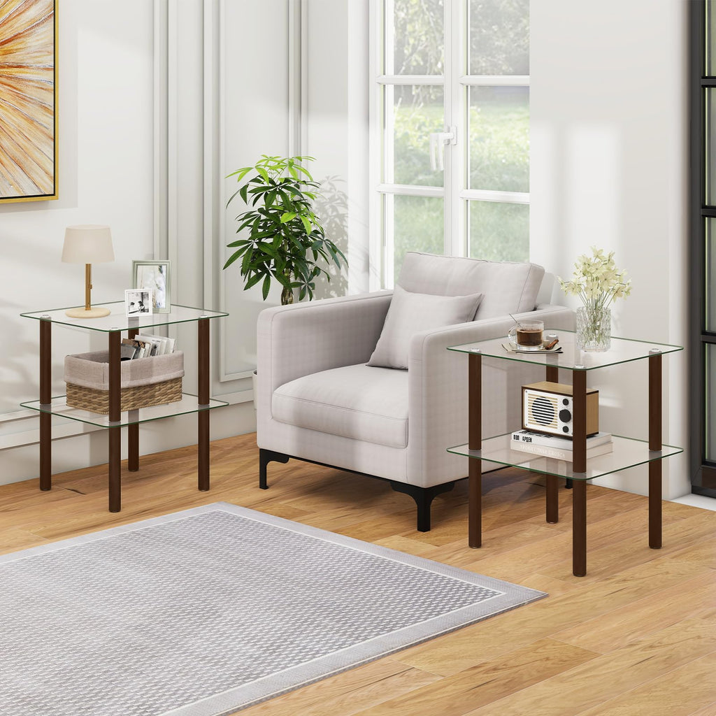 Square End Table Set of 2, 2-Tier Glass Top Sofa Side Table G6015