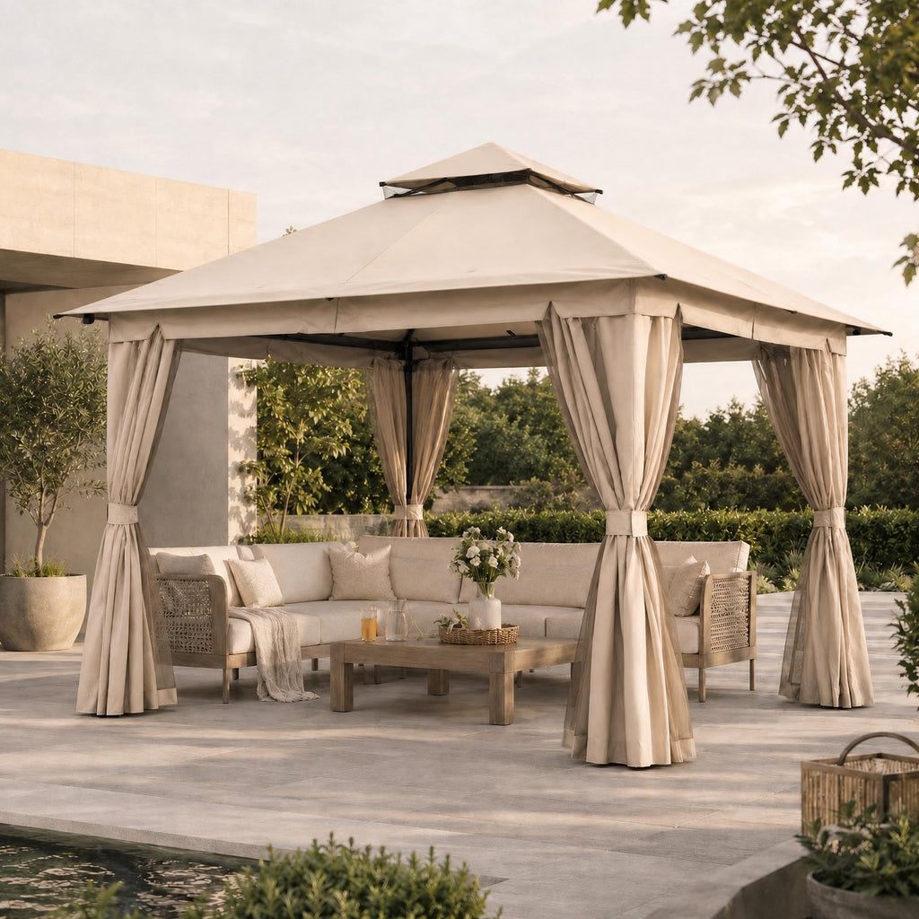 10'x10' Heavy Duty Metal Outdoor Gazebo with Double Roof, Mosquito Netting & Privacy Curtains, Khaki D62361