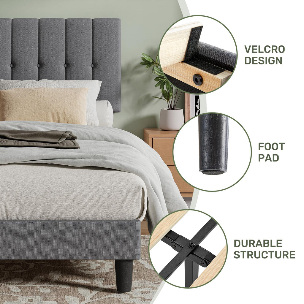 Twin Upholstered Platform Bed Frame with Headboard, Grey N719270