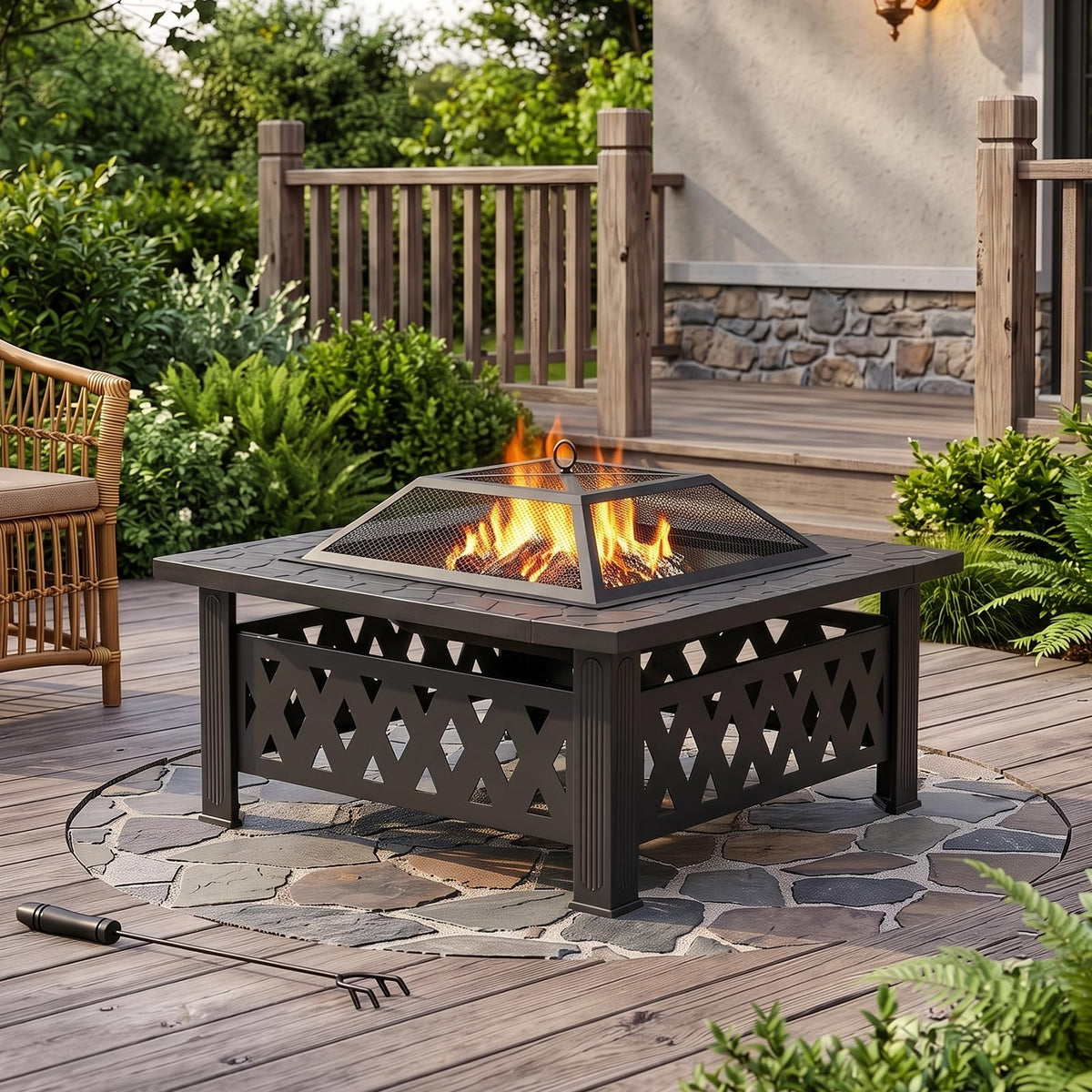 32 Inch Square Wood Burning Fire Pit Table with Spark Screen and Fire Poker B2923