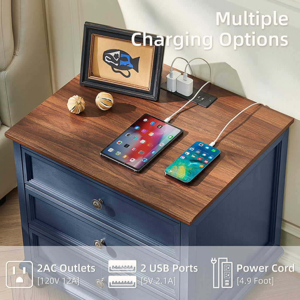 Blue Wood Nightstand Set of 2 with Charging Station W48683