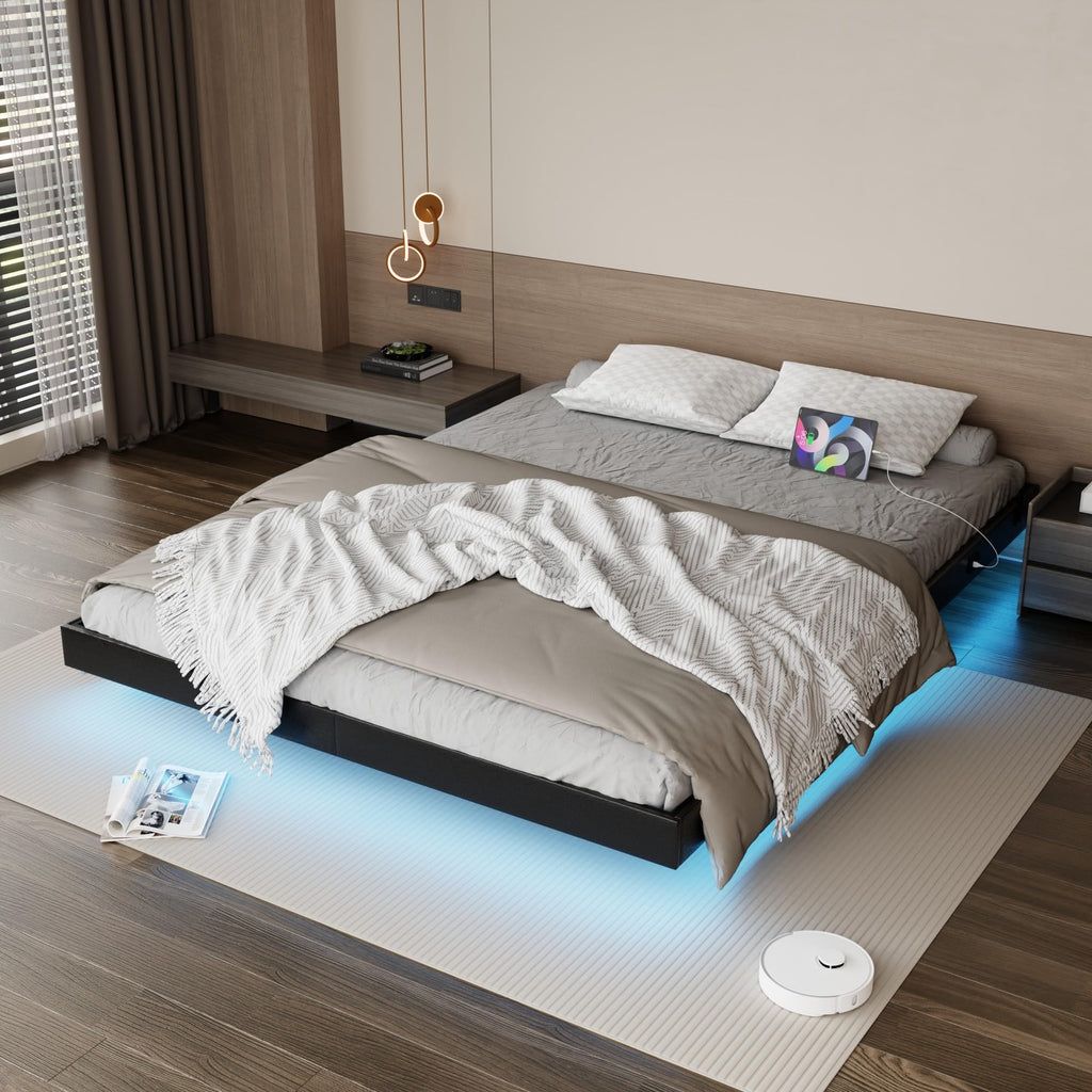 Black Floating Upholstered Platform Bed Frame Full Size with LED Lights and Charging Station Q176526