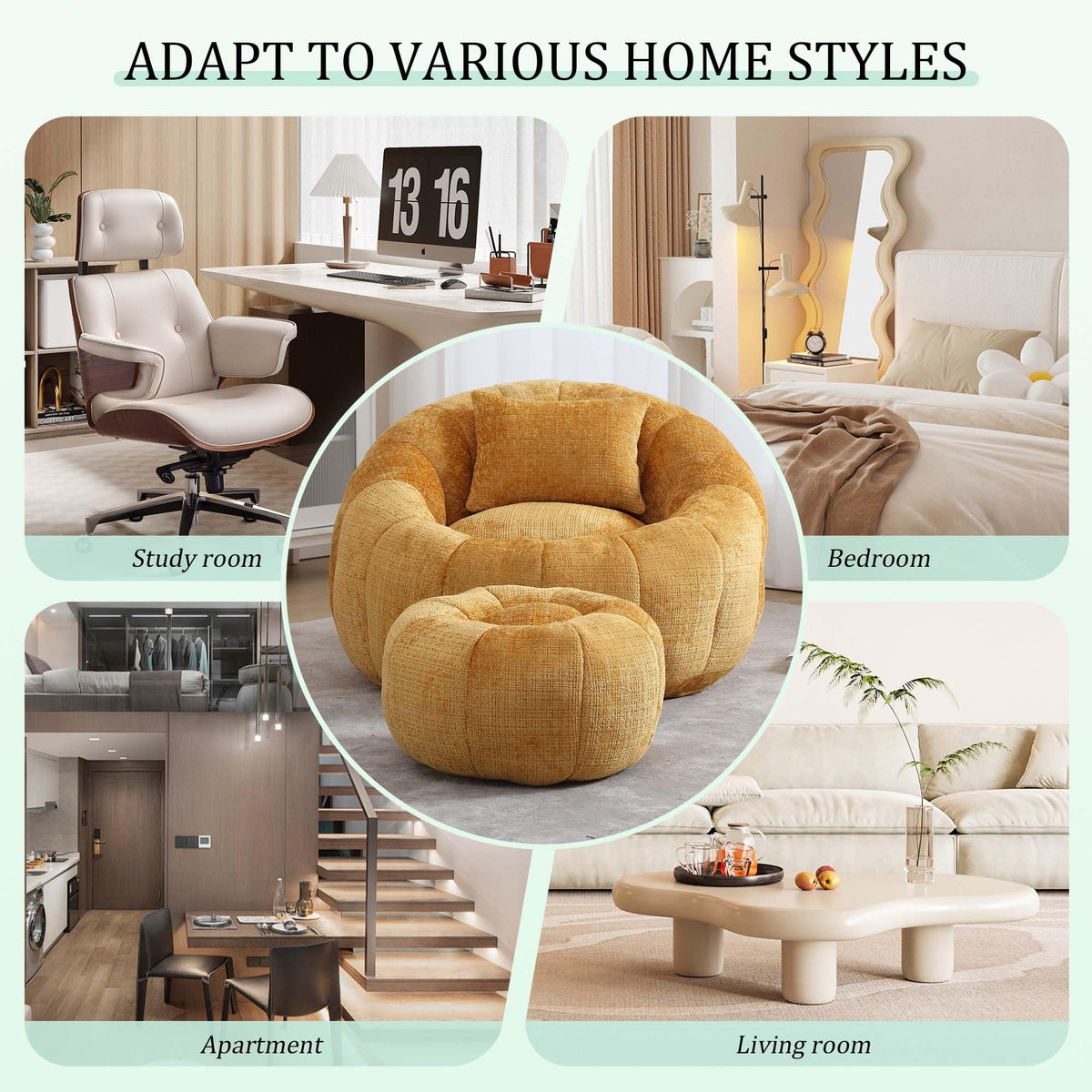 Yellow Memory Foam Bean Bag Chair with Ottoman I974