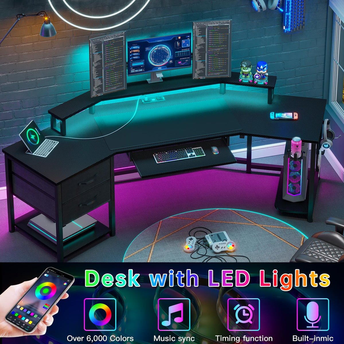 79" Gaming Desk with Fabric Drawers Storage C3487