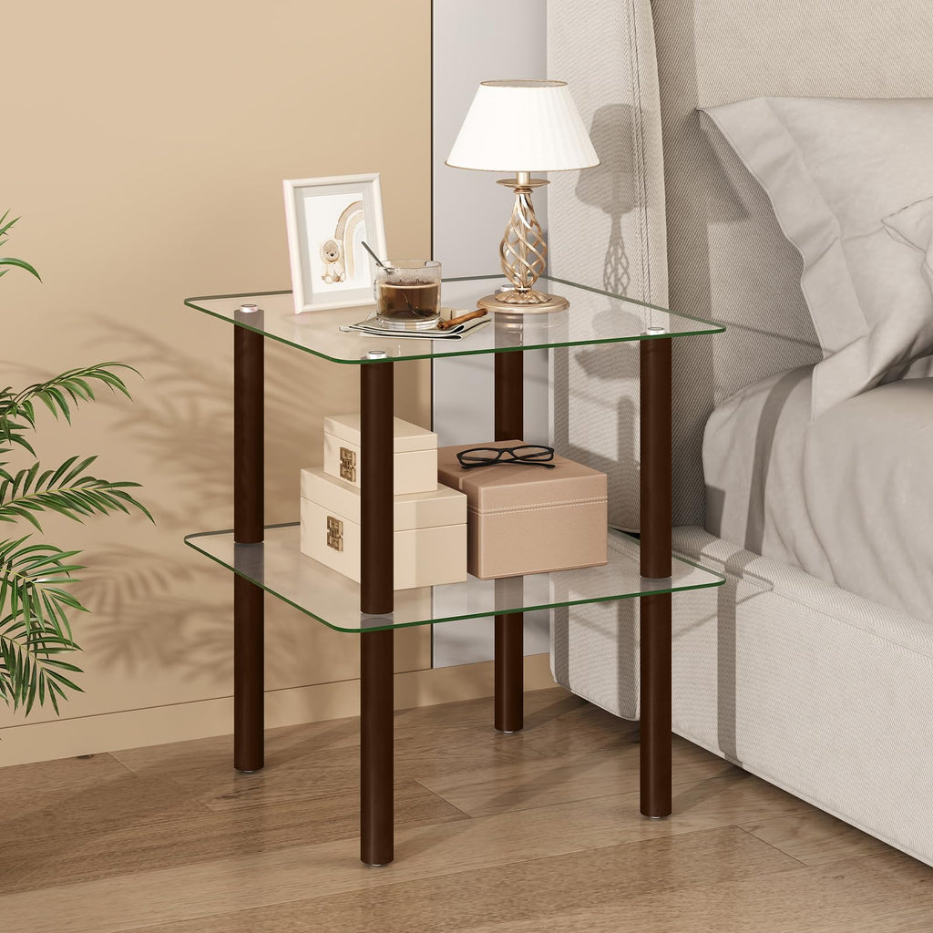 Square End Table Set of 2, 2-Tier Glass Top Sofa Side Table G6015