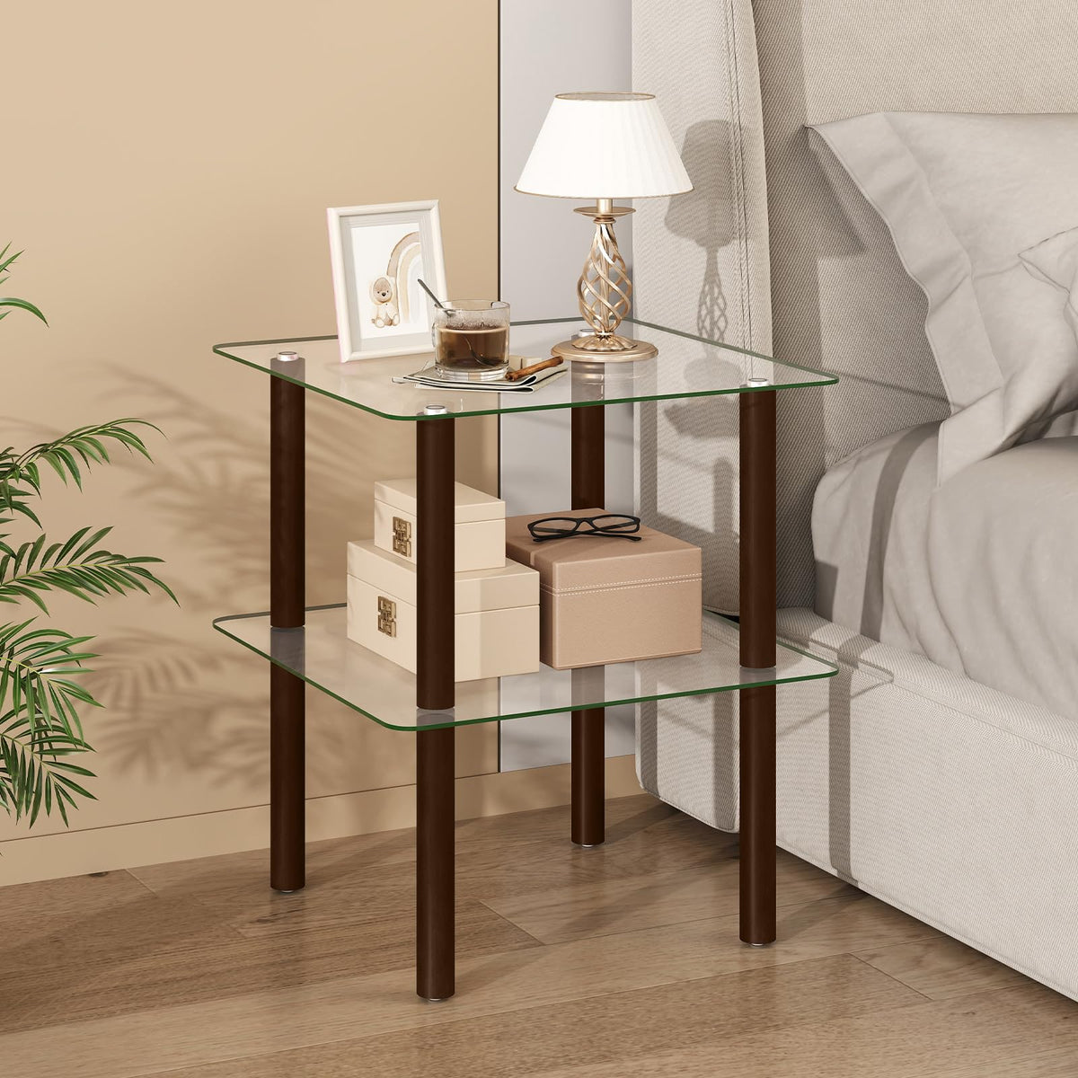 Square End Table Set of 2, 2-Tier Glass Top Sofa Side Table G6015