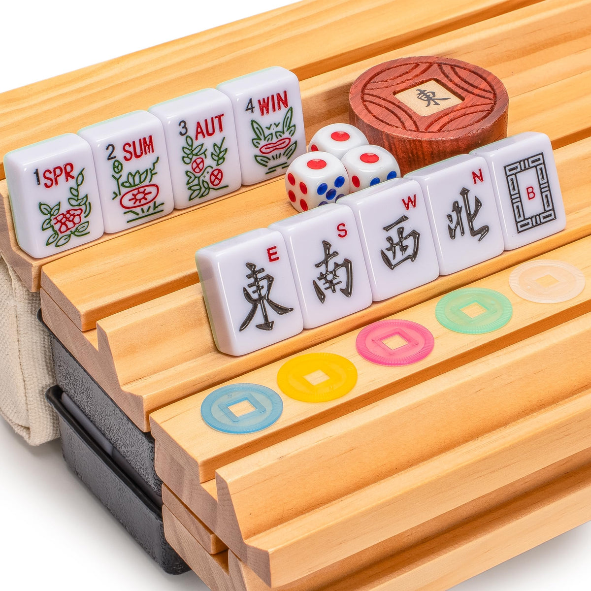 166 Tiles Mahjong Set with Wooden Racks & Pushers, Dice, and Soft Beige Case G963