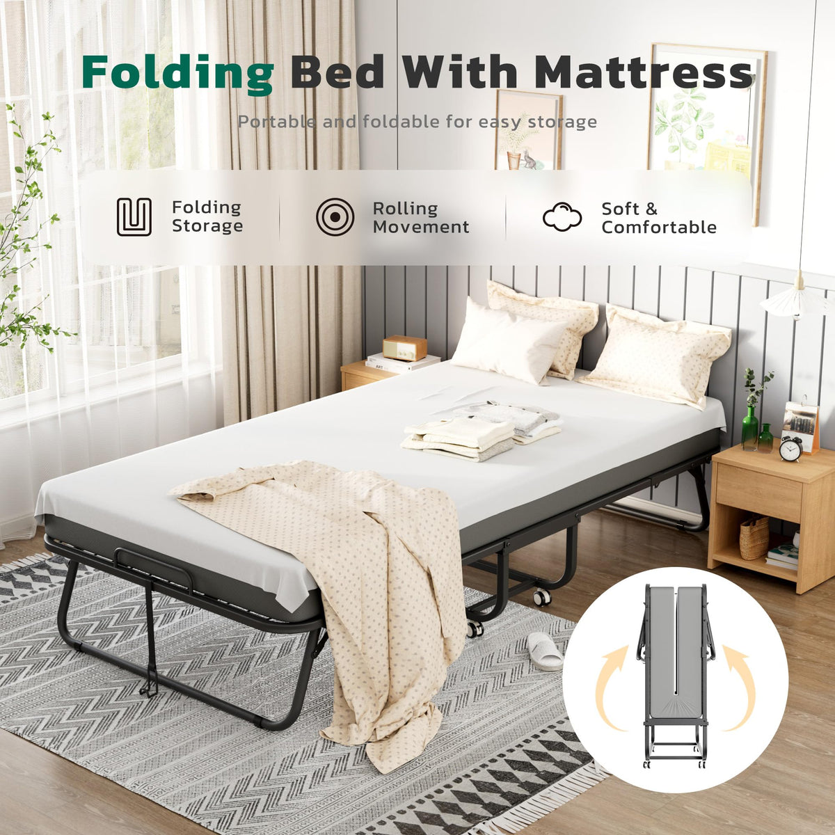 Folding Bed with Mattress Metal Frame Cot Size C20370