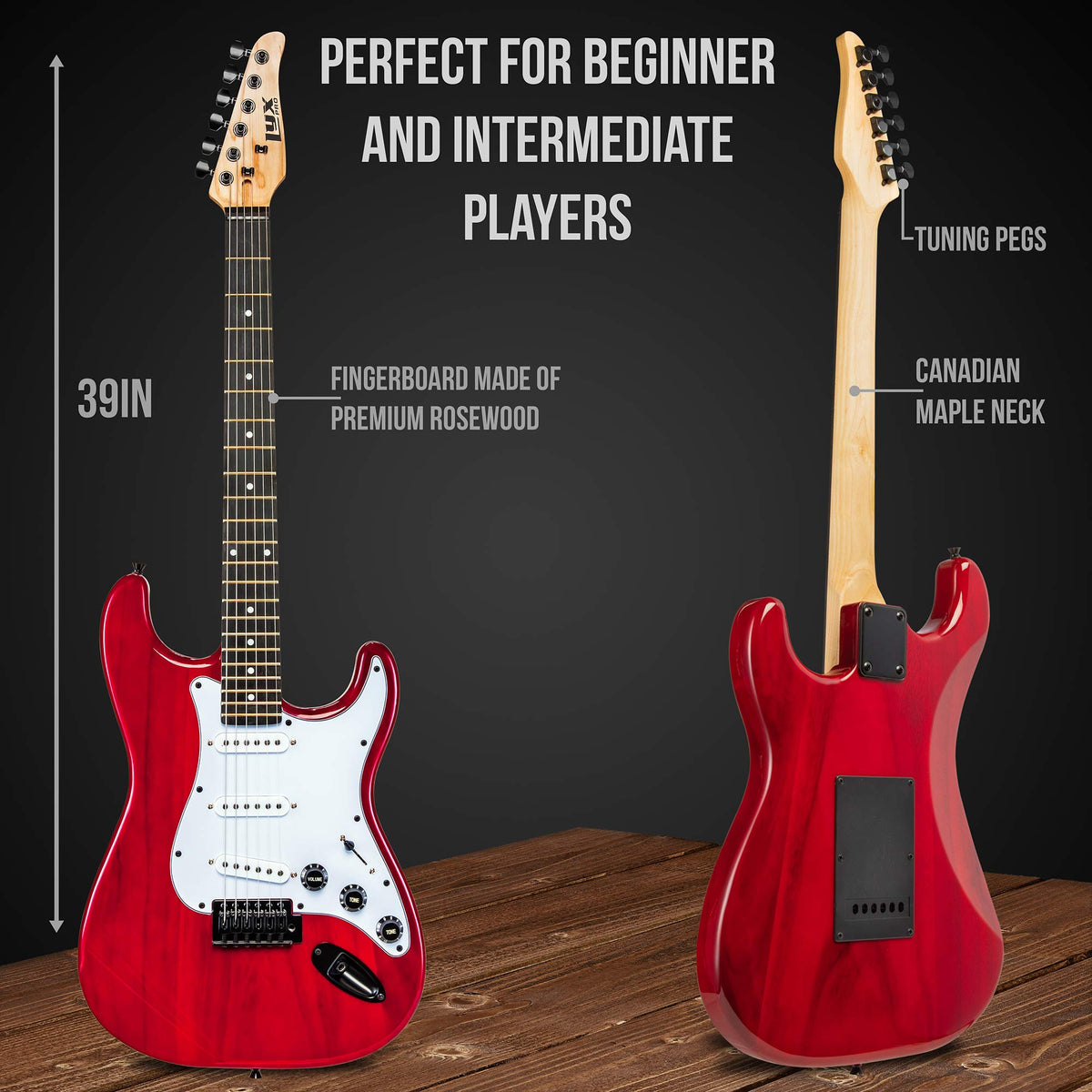 39” Electric Guitar Kit with Amp Cable, 6 Picks, Solid Wood Body, Red Z786005