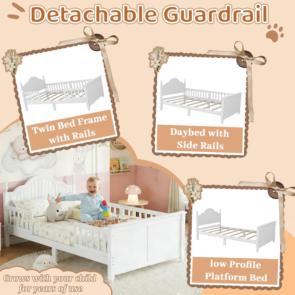 White Twin Bed Frame with Headboard and Rails U466
