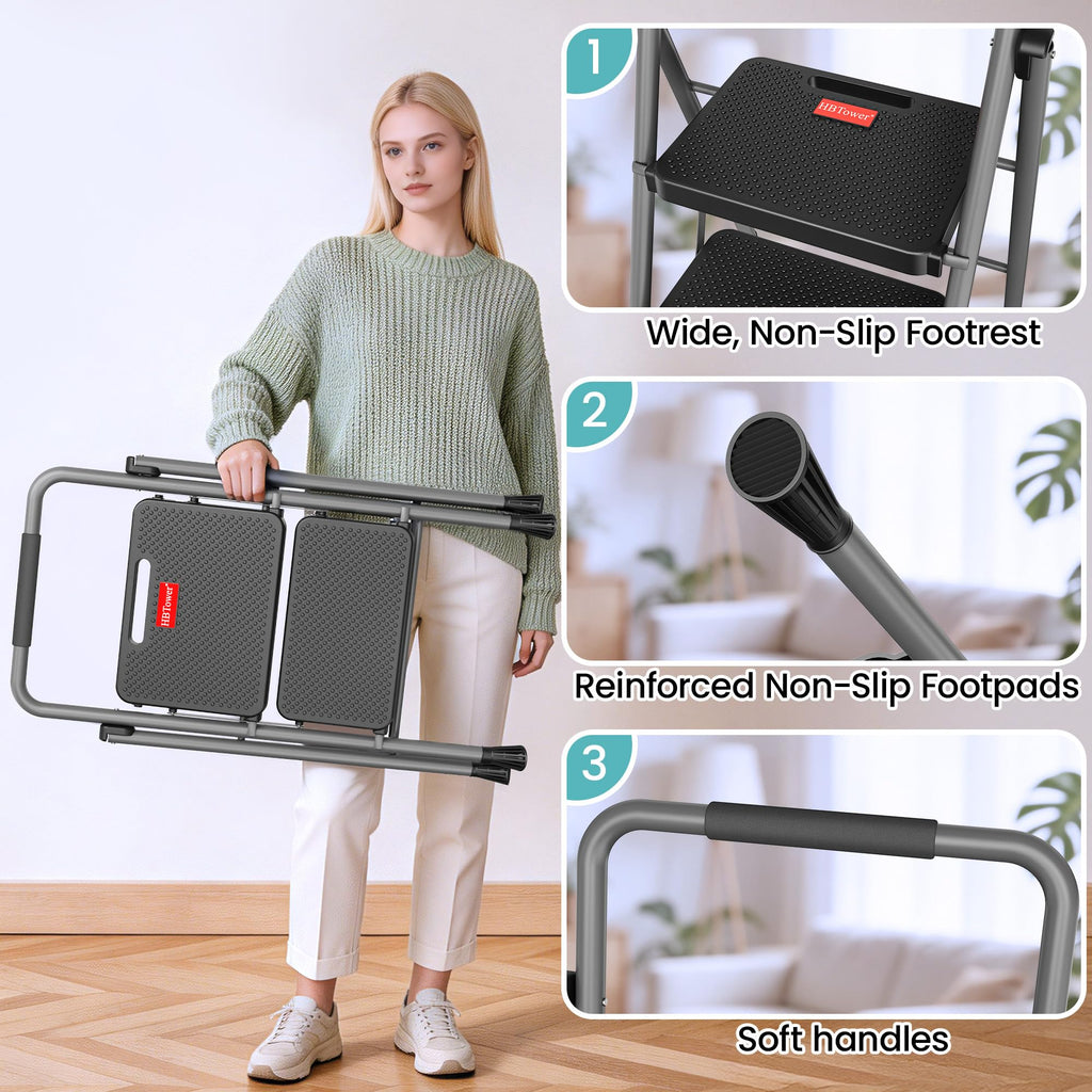 2 Step Folding Step Ladder 300 lbs Capacity with Handrail Gray O771603
