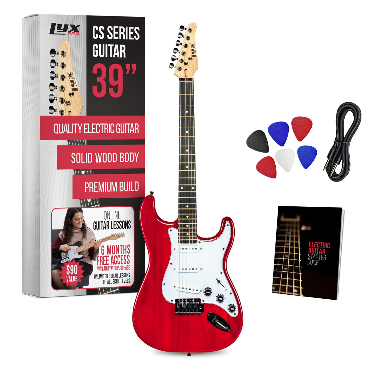 39” Electric Guitar Kit with Amp Cable, 6 Picks, Solid Wood Body, Red Z786005