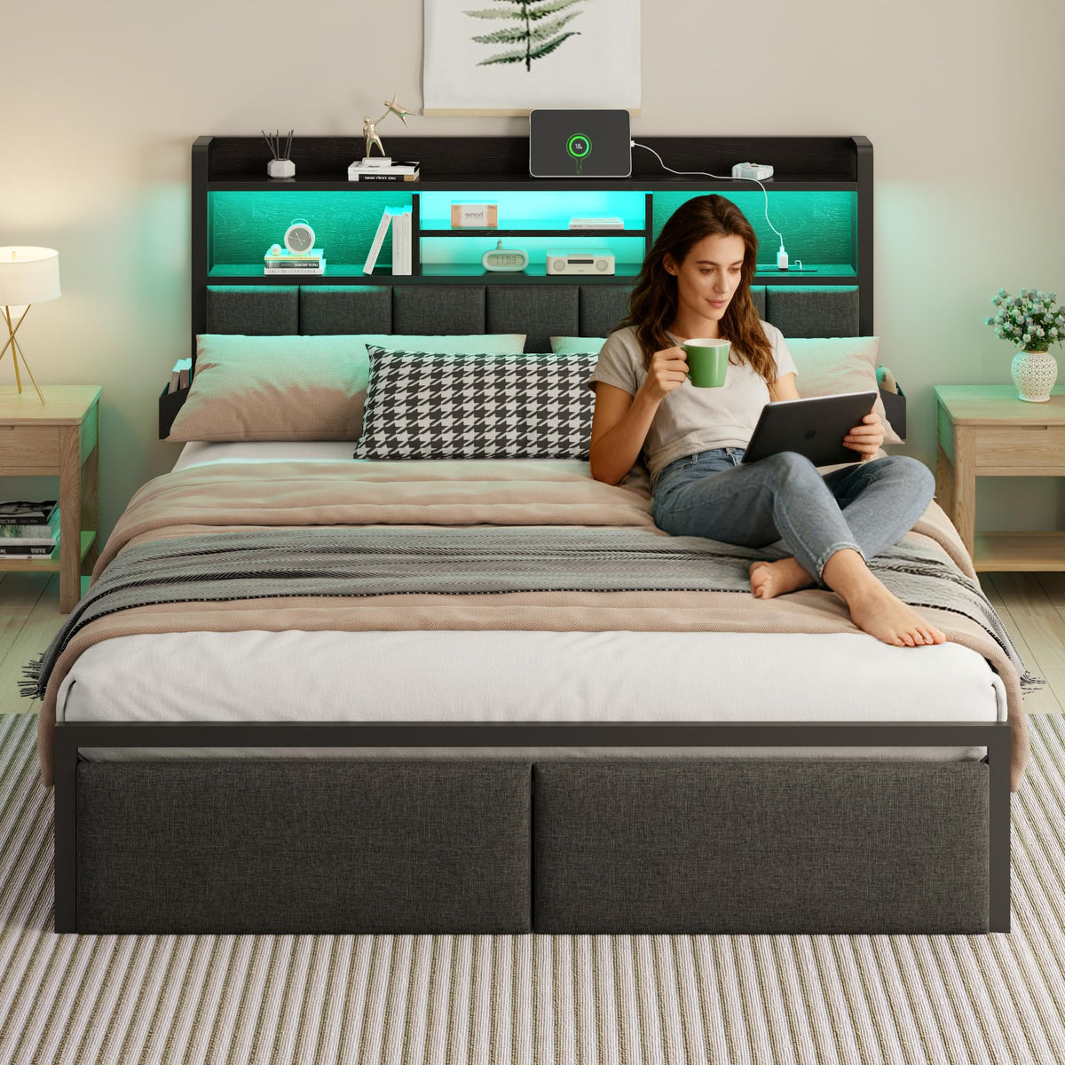 Full Size Bed Frame with Headboard and Drawers I18079